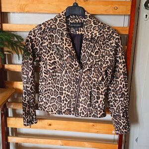 COLLEEN LOPEZ Cropped Leather Jacket Leopard Print XS